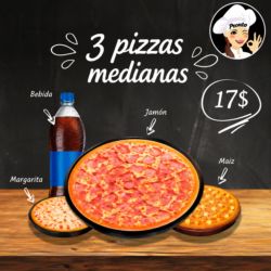 3 Pizzas Medianas de 28Cm + Bebida 1 Lt