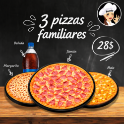 3 Pizzas Familiares de 42Cm + Bebida 2 Lt